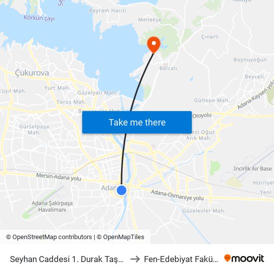 Seyhan Caddesi 1. Durak Taşköprü to Fen-Edebiyat Fakültesi map