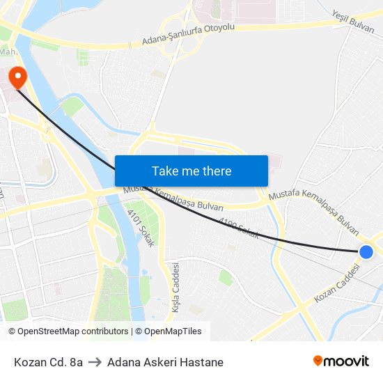 Kozan Cd. 8a to Adana Askeri Hastane map