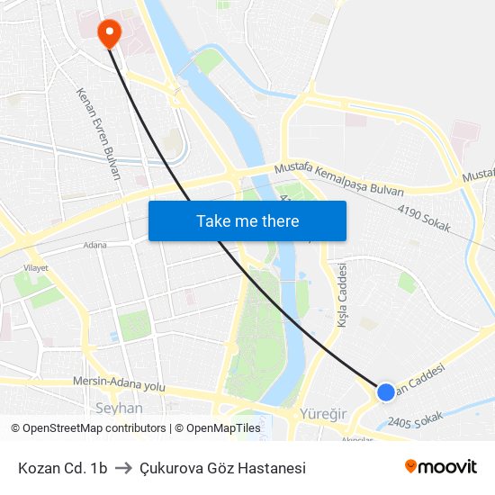 Kozan Cd. 1b to Çukurova Göz Hastanesi map