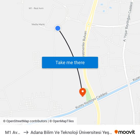 M1 Avm 2a to Adana Bilim Ve Teknoloji Üniversitesi Yeşiloba Yerleşkesi map