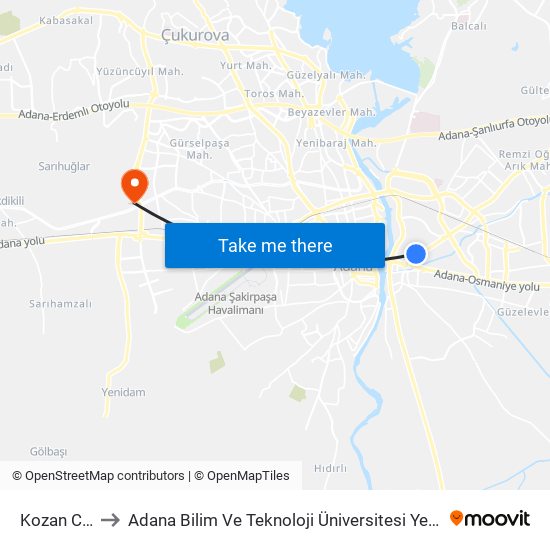 Kozan Cd. 1b to Adana Bilim Ve Teknoloji Üniversitesi Yeşiloba Yerleşkesi map