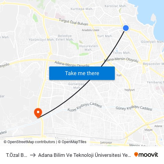 T.Özal Blv. 9b to Adana Bilim Ve Teknoloji Üniversitesi Yeşiloba Yerleşkesi map