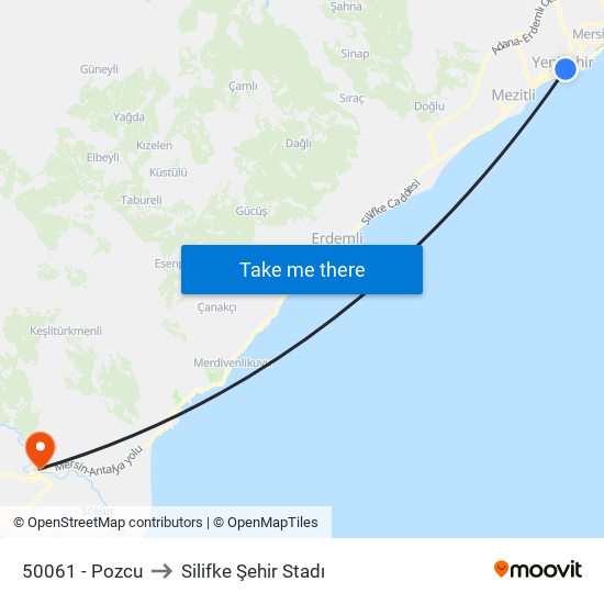 50061 - Pozcu to Silifke Şehir Stadı map