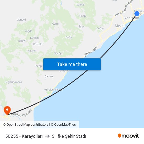 50255 - Karayolları to Silifke Şehir Stadı map