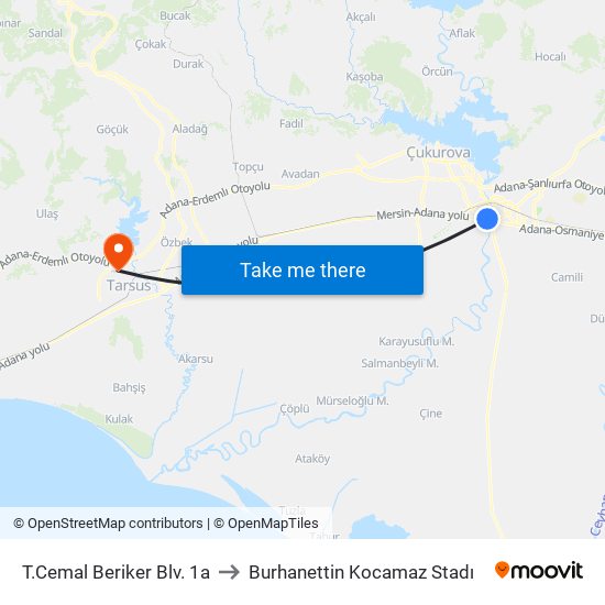 T.Cemal Beriker Blv. 1a to Burhanettin Kocamaz Stadı map