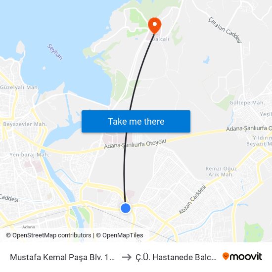 Mustafa Kemal Paşa Blv. 11b to Ç.Ü. Hastanede Balcalı map