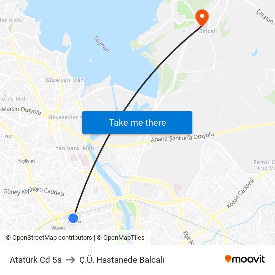 Atatürk Cd 5a to Ç.Ü. Hastanede Balcalı map