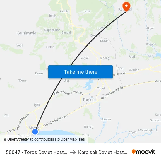 50047 - Toros Devlet Hastanesi to Karaisalı Devlet Hastanesi map