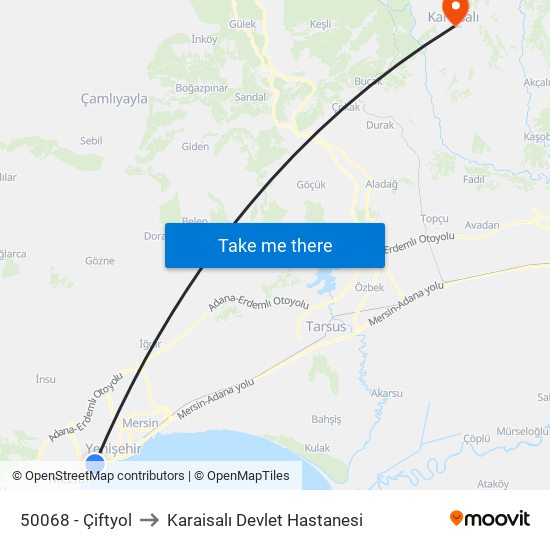 50068 - Çiftyol to Karaisalı Devlet Hastanesi map