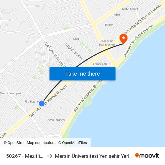 50267 - Mezitli Hali to Mersin Üniversitesi Yenişehir Yerleşkesi map