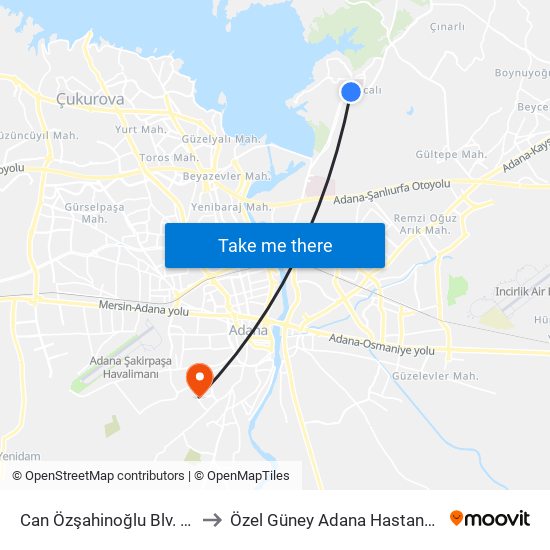 Can Özşahinoğlu Blv. 1a to Özel Güney Adana Hastanesi map