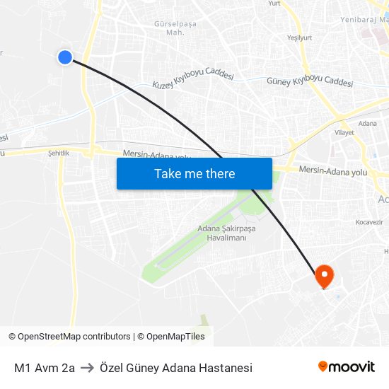 M1 Avm 2a to Özel Güney Adana Hastanesi map