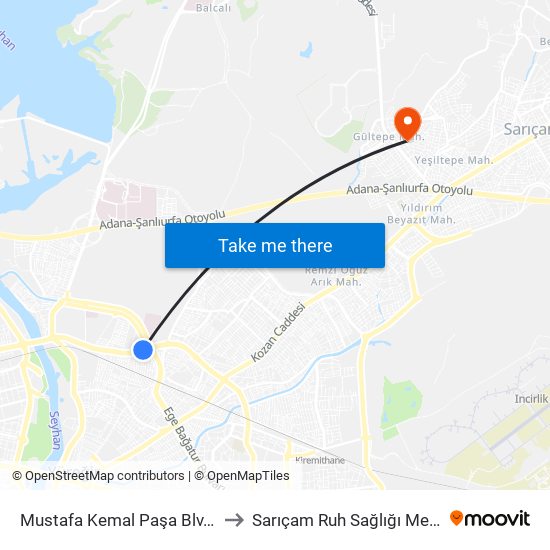 Mustafa Kemal Paşa Blv. 11b to Sarıçam Ruh Sağlığı Merkezi map