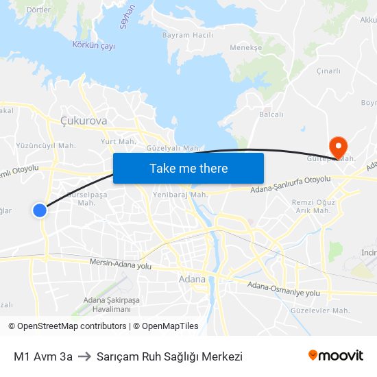 M1 Avm 3a to Sarıçam Ruh Sağlığı Merkezi map