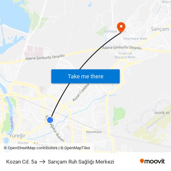 Kozan Cd. 5a to Sarıçam Ruh Sağlığı Merkezi map