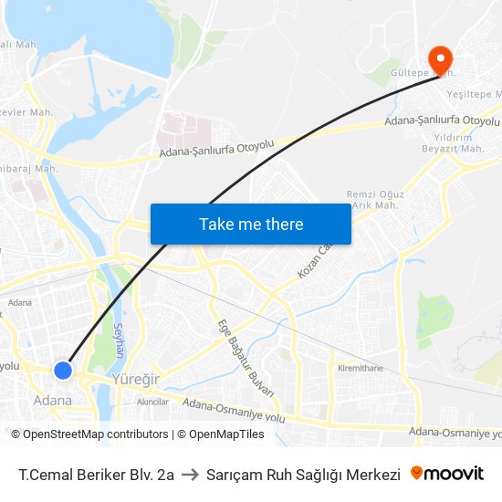 T.Cemal Beriker Blv. 2a to Sarıçam Ruh Sağlığı Merkezi map