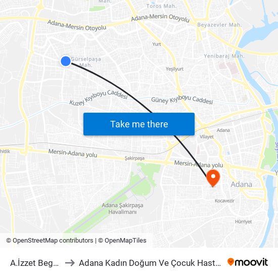 A.İzzet Begoviç 5b to Adana Kadın Doğum Ve Çocuk Hastalıkları Hastanesi map