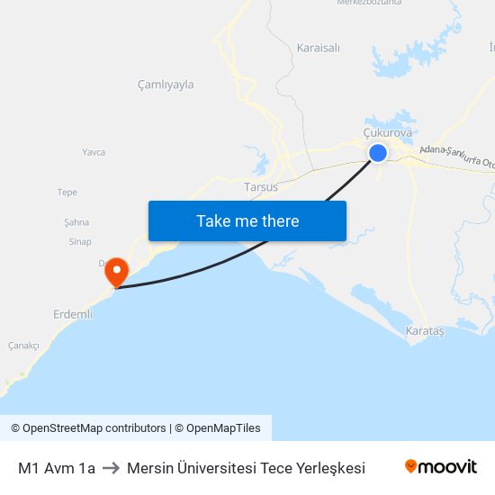 M1 Avm 1a to Mersin Üniversitesi Tece Yerleşkesi map