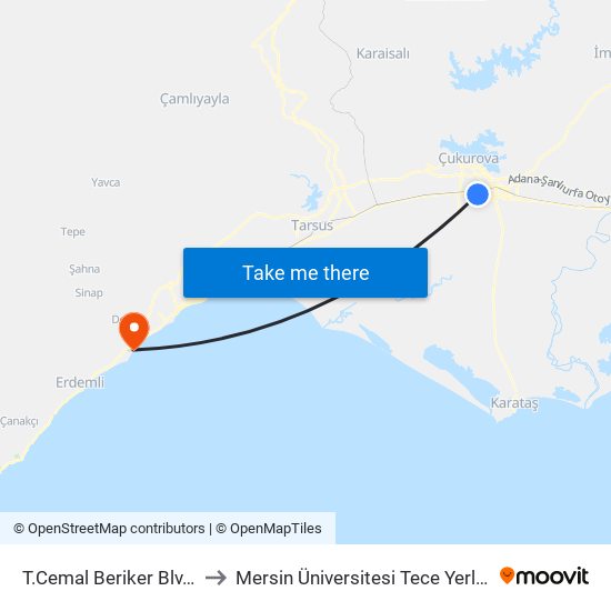 T.Cemal Beriker Blv. 10a to Mersin Üniversitesi Tece Yerleşkesi map