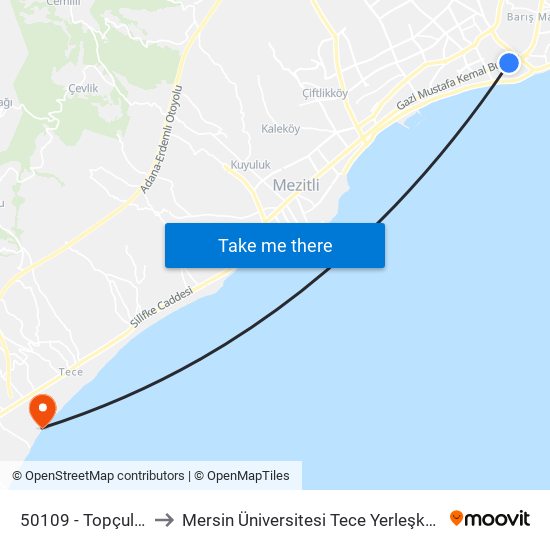 50109 - Topçular to Mersin Üniversitesi Tece Yerleşkesi map