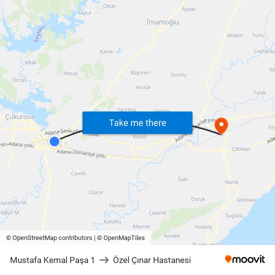 Mustafa Kemal Paşa 1 to Özel Çınar Hastanesi map