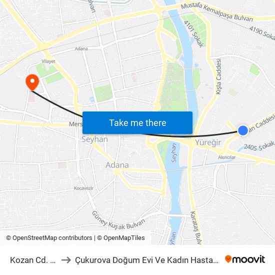 Kozan Cd. 1b to Çukurova Doğum Evi Ve Kadın Hastanesi map