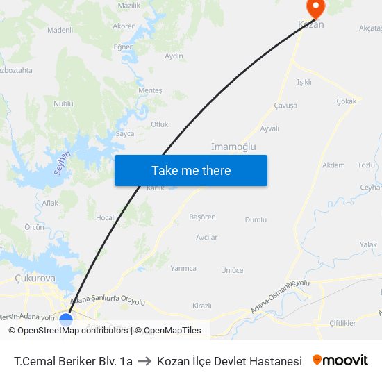 T.Cemal Beriker Blv. 1a to Kozan İlçe Devlet Hastanesi map