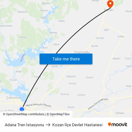 Adana Tren İstasyonu to Kozan İlçe Devlet Hastanesi map