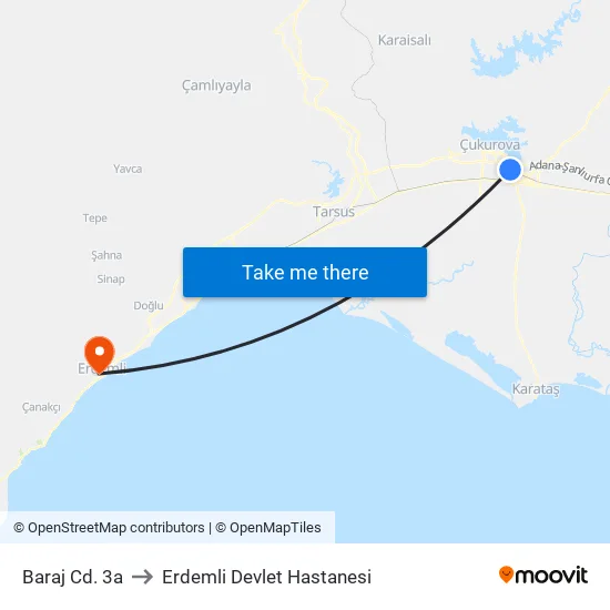 Baraj Cd. 3a to Erdemli Devlet Hastanesi map