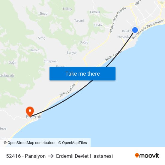 52416 - Pansiyon to Erdemli Devlet Hastanesi map