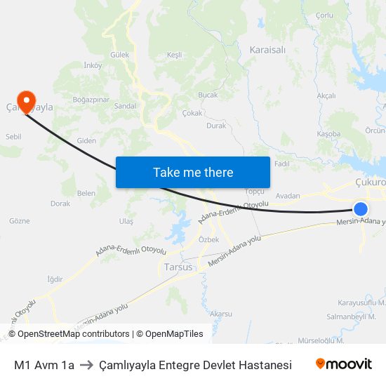 M1 Avm 1a to Çamlıyayla Entegre Devlet Hastanesi map