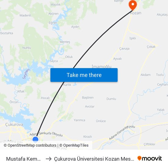 Mustafa Kemal Paşa 1 to Çukurova Üniversitesi Kozan Meslek Yüksekokulu map