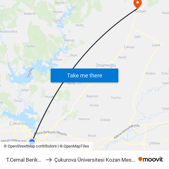 T.Cemal Beriker Blv. 1a to Çukurova Üniversitesi Kozan Meslek Yüksekokulu map