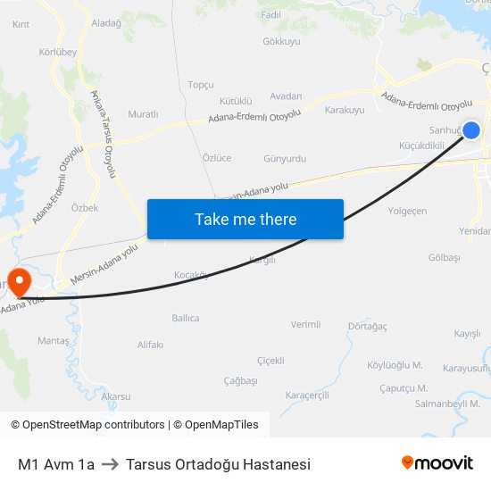 M1 Avm 1a to Tarsus Ortadoğu Hastanesi map