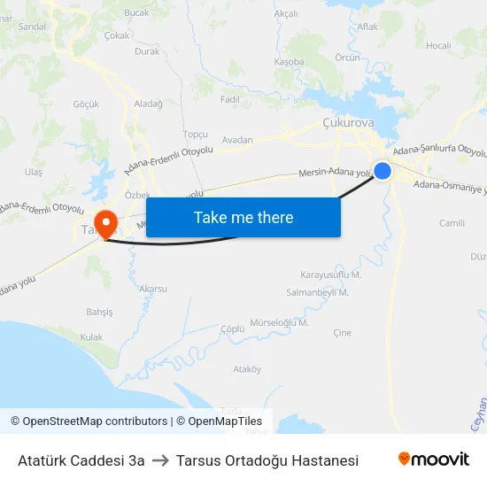 Atatürk Caddesi 3a to Tarsus Ortadoğu Hastanesi map