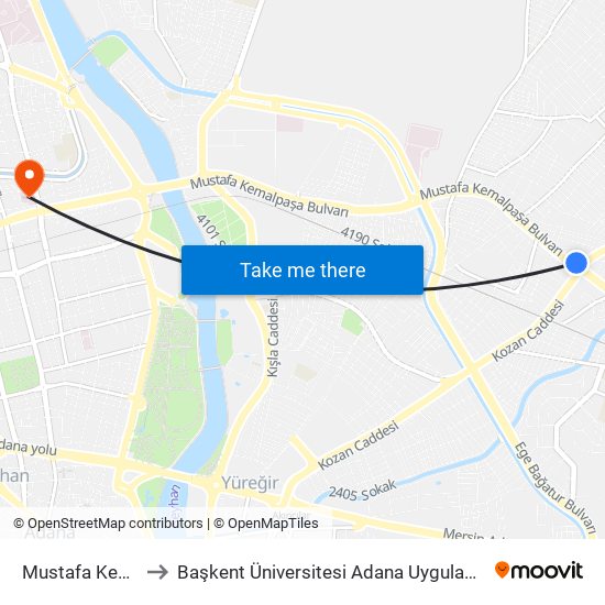 Mustafa Kemal Paşa 1 to Başkent Üniversitesi Adana Uygulama Ve Araştırma Merkezi map