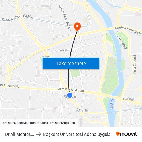 Dr.Ali Menteşoğlu Cd. 2a to Başkent Üniversitesi Adana Uygulama Ve Araştırma Merkezi map