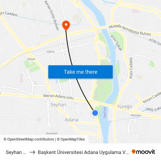 Seyhan Cd. 1a to Başkent Üniversitesi Adana Uygulama Ve Araştırma Merkezi map