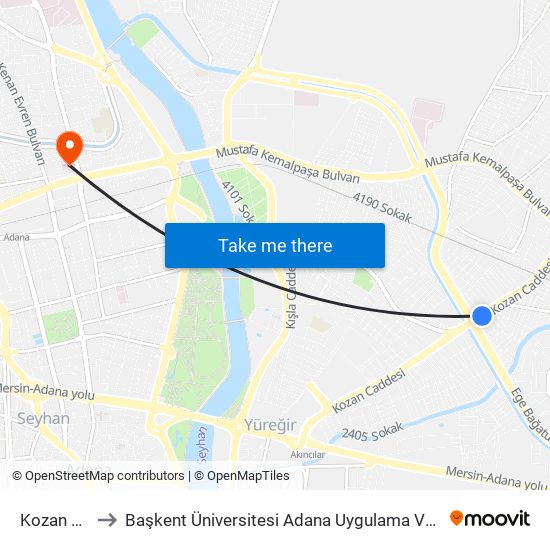 Kozan Cd. 5a to Başkent Üniversitesi Adana Uygulama Ve Araştırma Merkezi map