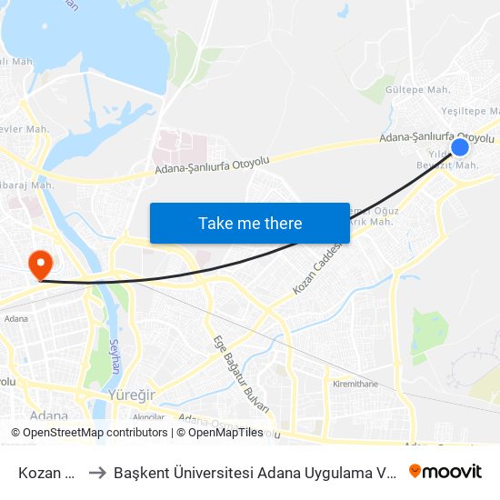 Kozan Blv. 2a to Başkent Üniversitesi Adana Uygulama Ve Araştırma Merkezi map