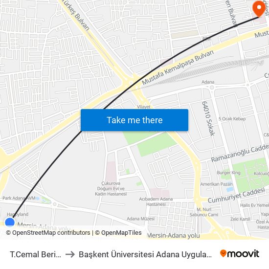 T.Cemal Beriker Blv. 9a to Başkent Üniversitesi Adana Uygulama Ve Araştırma Merkezi map