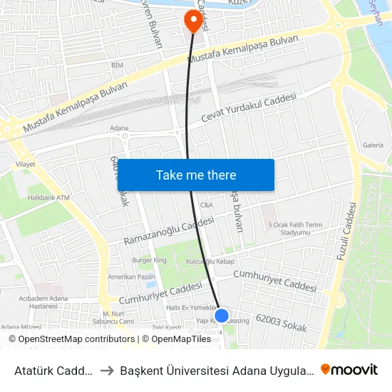 Atatürk Caddesi 2. Durak to Başkent Üniversitesi Adana Uygulama Ve Araştırma Merkezi map
