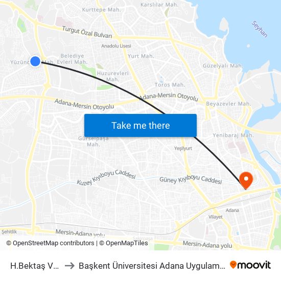 H.Bektaş Veli Blv. 1b to Başkent Üniversitesi Adana Uygulama Ve Araştırma Merkezi map