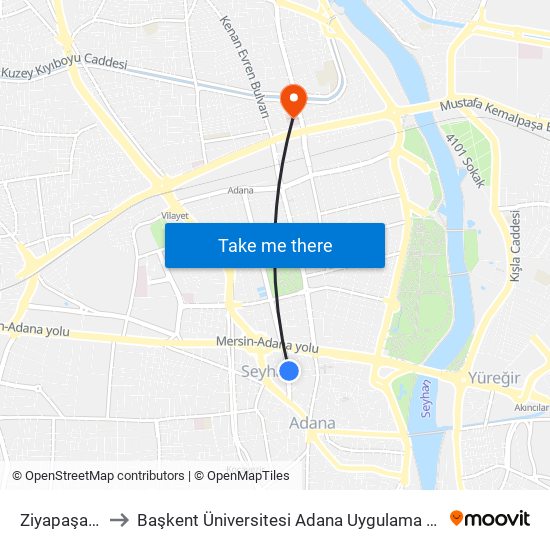 Ziyapaşa Blv. 1a to Başkent Üniversitesi Adana Uygulama Ve Araştırma Merkezi map
