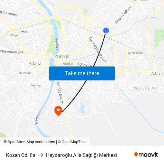 Kozan Cd. 8a to Haydaroğlu Aile Sağlığı Merkezi map