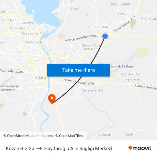 Kozan Blv. 2a to Haydaroğlu Aile Sağlığı Merkezi map