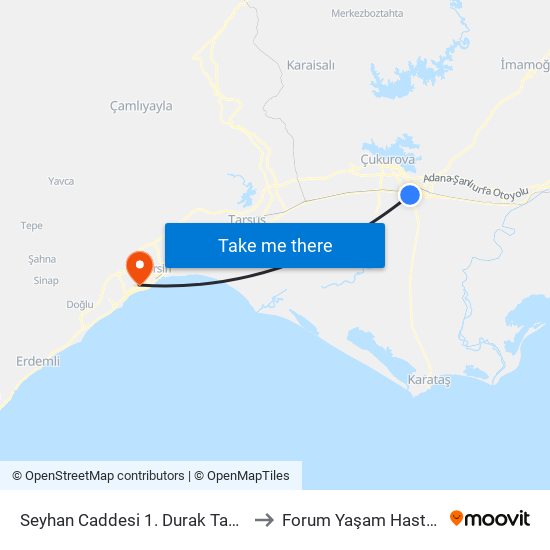 Seyhan Caddesi 1. Durak Taşköprü to Forum Yaşam Hastanesi map