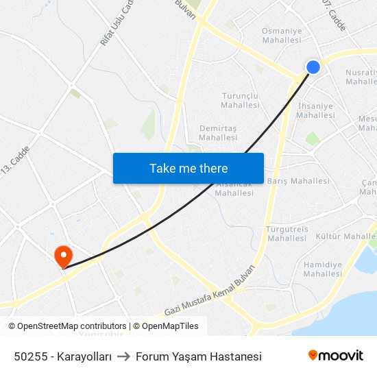 50255 - Karayolları to Forum Yaşam Hastanesi map