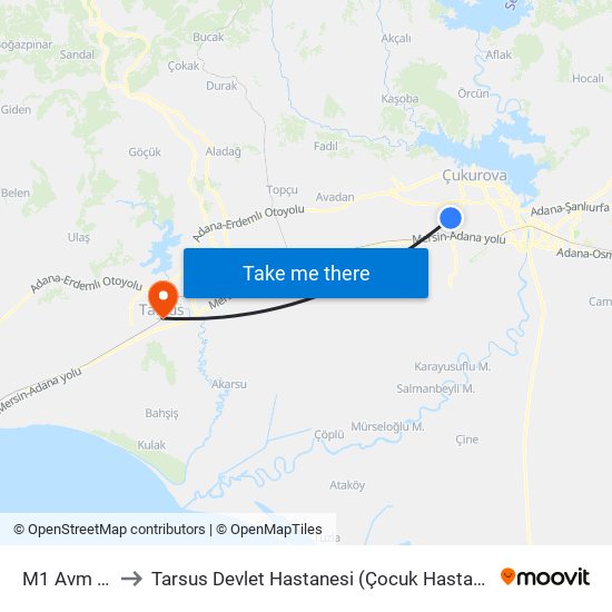 M1 Avm 1a to Tarsus Devlet Hastanesi (Çocuk Hastanesi) map