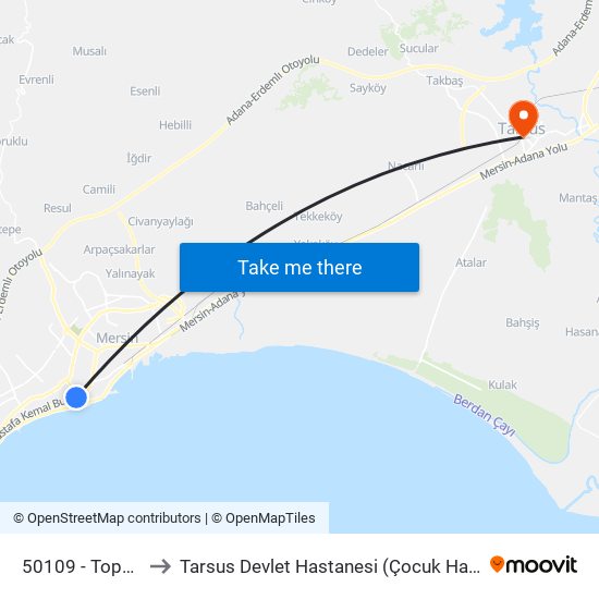 50109 - Topçular to Tarsus Devlet Hastanesi (Çocuk Hastanesi) map